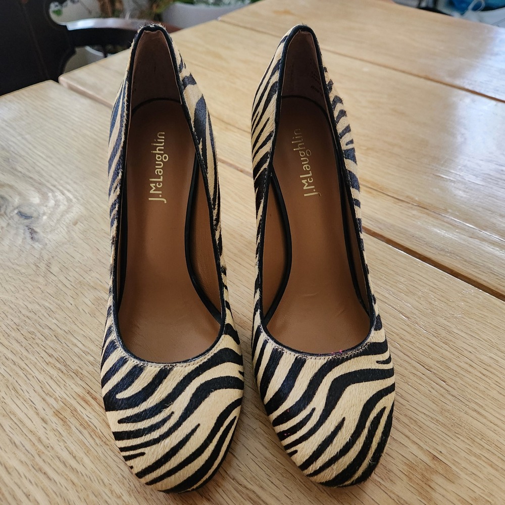 J. McLaughlin Mila Zebra Print Calf Hair Leather Block Heel Pumps Size 6.5M - Picture 4 of 9